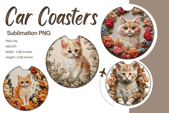 Cat Embroidery Car Coaster Sublimation