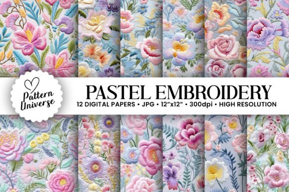 Pastel Embroidery Flowers Digital Papers